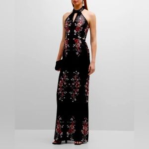 NEVER WORN Marchesa Notte Floral-Embroidered Cutout Sequin Halter Gown TAGS ON